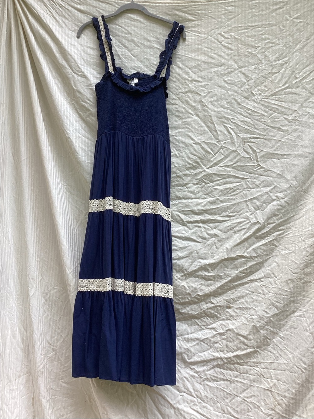 APRICOT NWT Navy Blue Tiered Maxi Dress with White Lace Bands, size 12